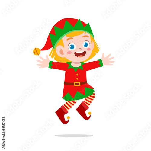 happy cute little kid boy and girl wearing green elf christmas costume
