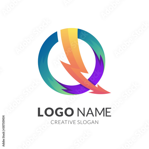 letter Q thunder logo  letter Q and thunder  combination logo with 3d colorful style