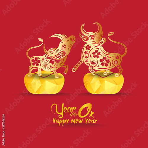 Chinese new year 2021 year of the ox   red paper cut ox character on red background