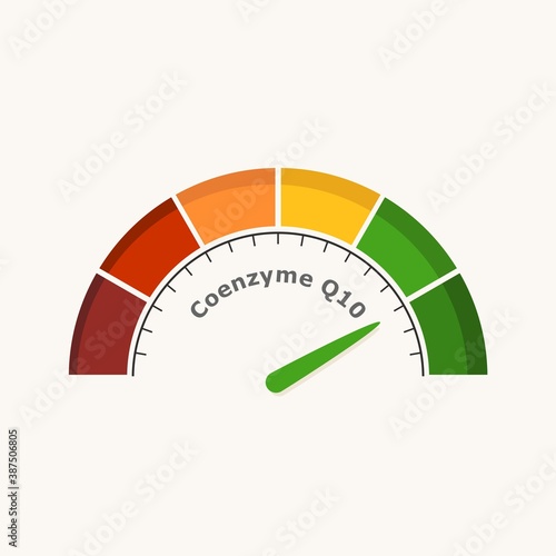 Scale with arrow. The Coenzyme Q10 measuring device. Sign tachometer, speedometer, indicator.