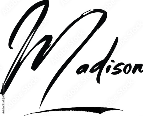 Madison -Female Name Modern Brush Calligraphy Cursive Text on White Background
