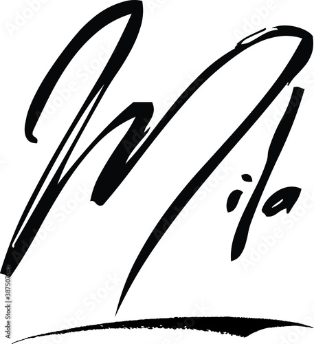 Mila -Female Name Modern Brush Calligraphy Cursive Text on White Background photo