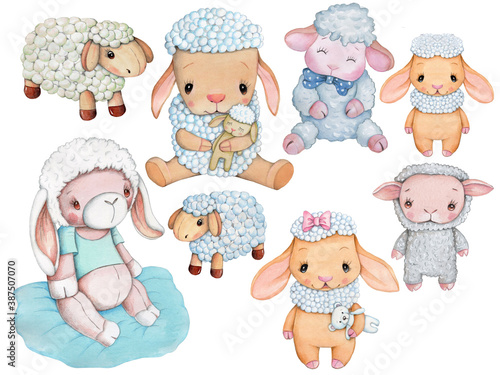 Cute cartoon baby sheeps, blue and beige. Watercolor hand drawn art, sketsh, illustration,icon. Isolated. photo