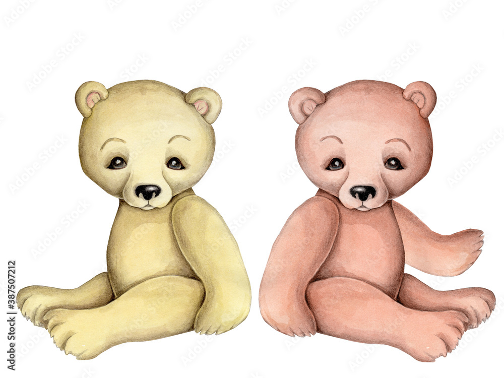 Fototapeta premium Cute cartoon teddy bear. Watercolor hand drawn sketch, illustration, icon for children.