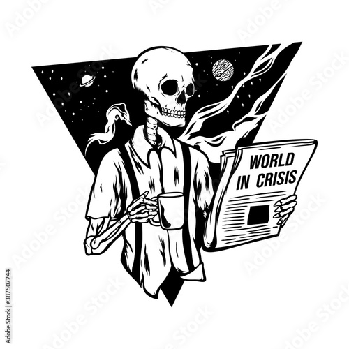 A skull is reading bad news in the newspaper while drinking coffee