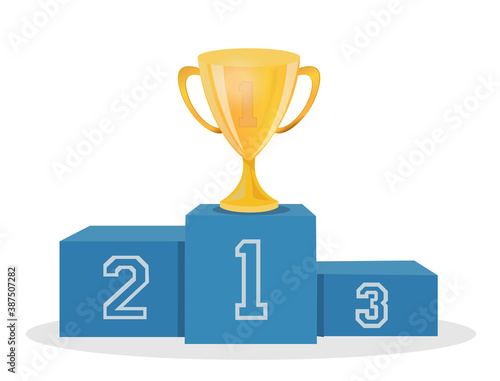 A tiered podium used for awarding prizes in competitions as well as a gold trophy for first place