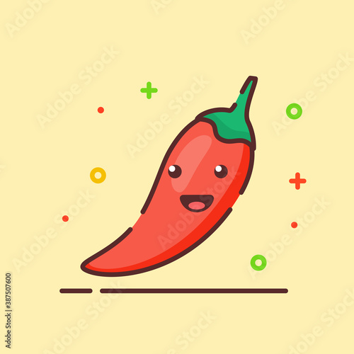 Chili cute mascot face emotion happy fruit vegetable with color flat cartoon outline style
