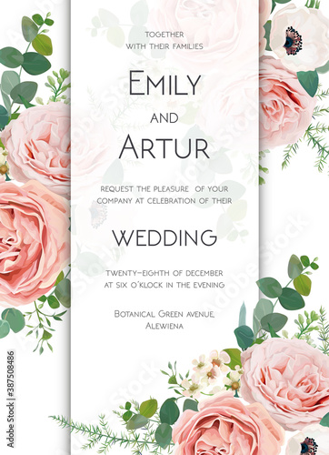 Vector floral chic wedding invite card design. Blush peach, lavender vintage rose, white anemone, wax flowers, Eucalyptus greenery leaves & green forest fern bouquet. Stylish watercolor frame template