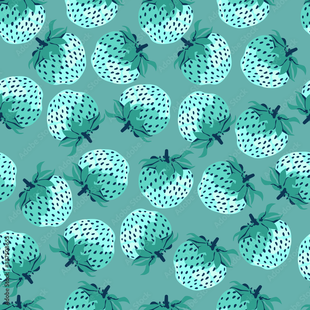 Strawberry seamless pattern on a blue background in a flat style. Clothing, fabric, printing