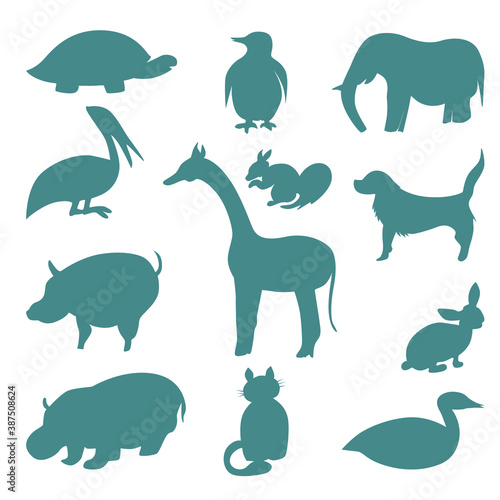 Vector drawing silhouette of animals on a white isolated background in a flat style. Children s drawings  silhouettes  stickers  objects
