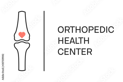 Orthopedic health center logo. Knee joint bones with a heart emblem. Musculoskeletal system disorders treatment concept. Human body anatomy icon. Medical vector illustration.