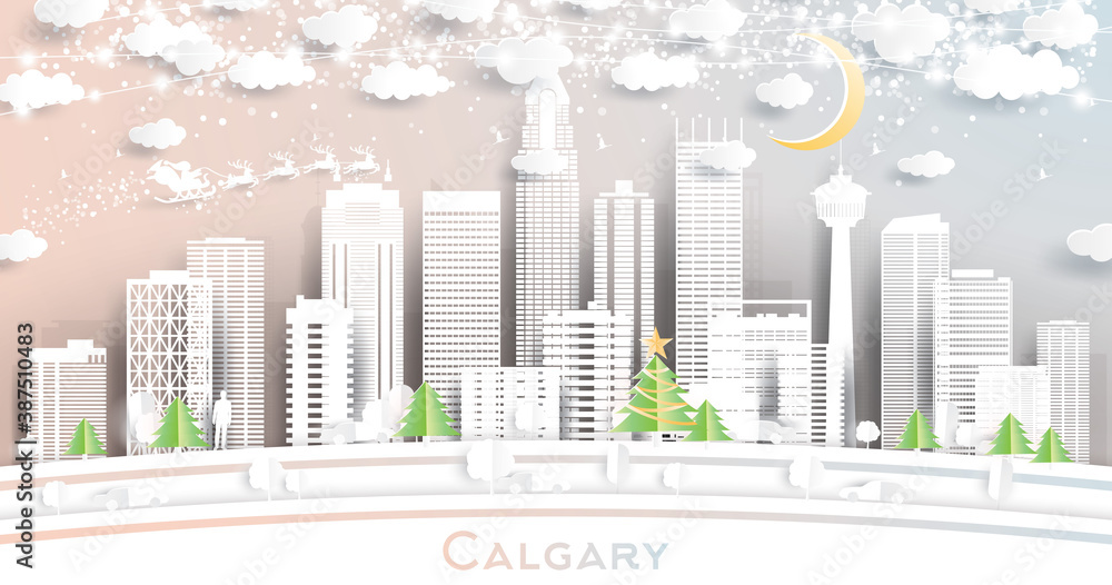 Calgary Canada City Skyline in Paper Cut Style with Snowflakes, Moon and Neon Garland.