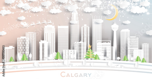 Calgary Canada City Skyline in Paper Cut Style with Snowflakes  Moon and Neon Garland.