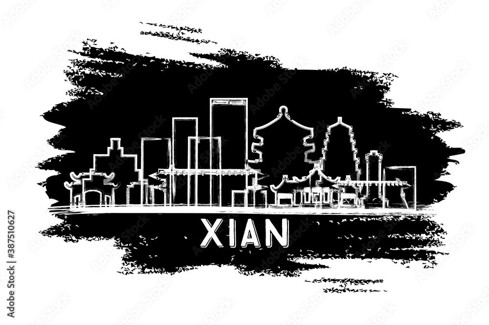 Xian China City Skyline Silhouette. Hand Drawn Sketch.