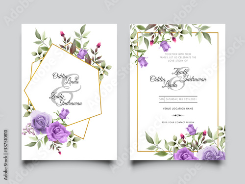 beautiful purple roses design wedding invitation card template