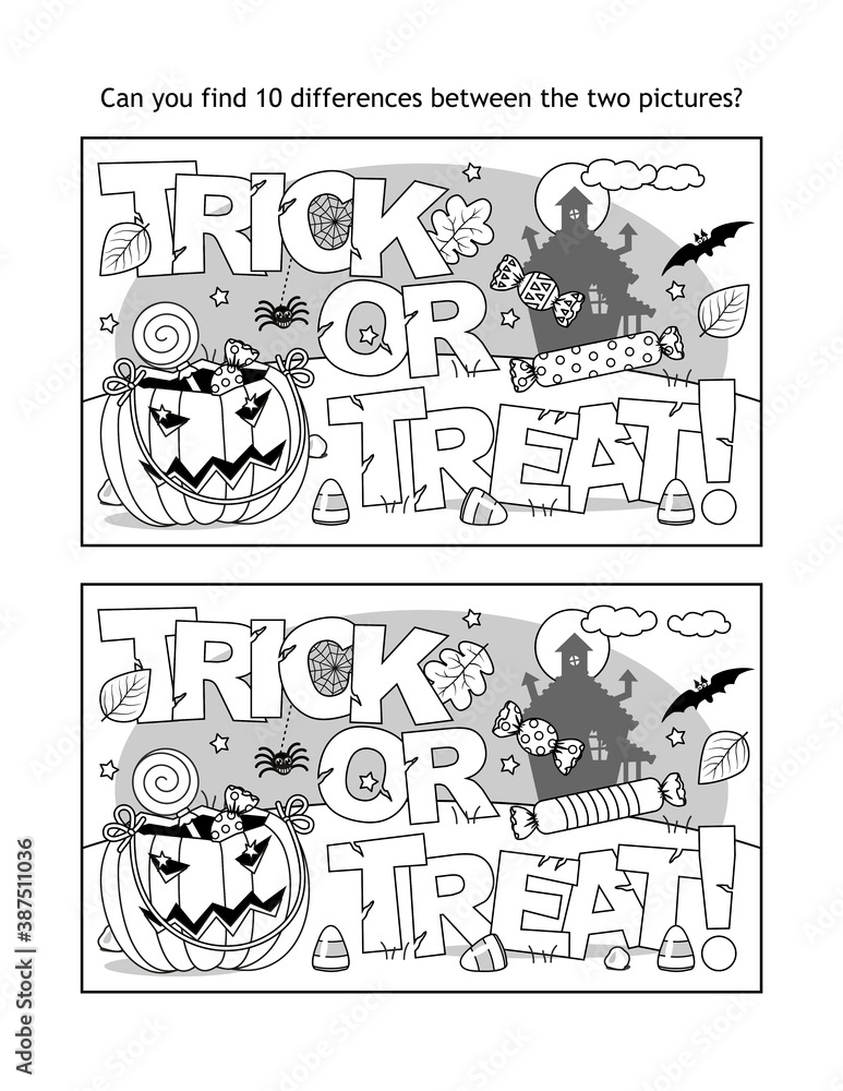 Find 10 differences visual puzzle and coloring page with Halloween 