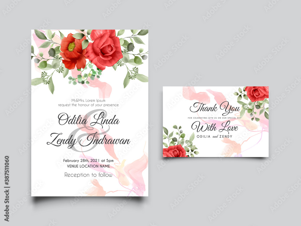 wedding card template with red roses illustration theme