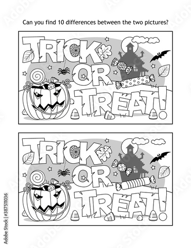 Find 10 differences visual puzzle and coloring page with Halloween "Trick or treat!" text, pumpkin bag, candy, haunted house, bat and spider 