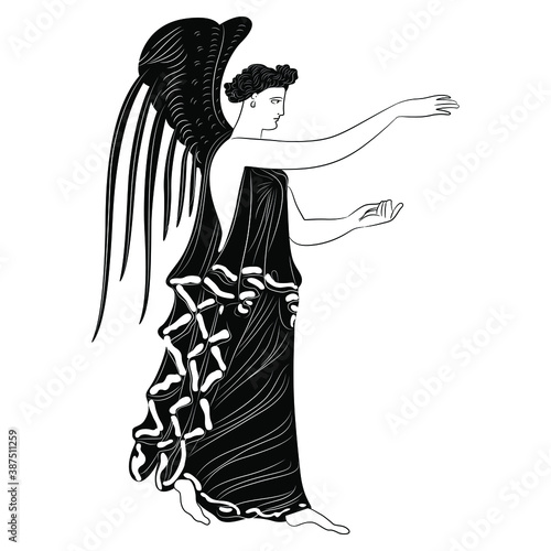 Winged ancient Greek goddess. Nike or Hebe. Antique angel. Black and white silhouette.
