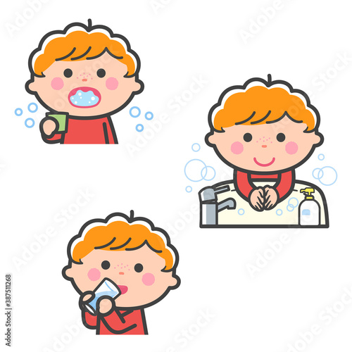 感染症予防／うがい、手洗い、水分補給をする男の子／線あり