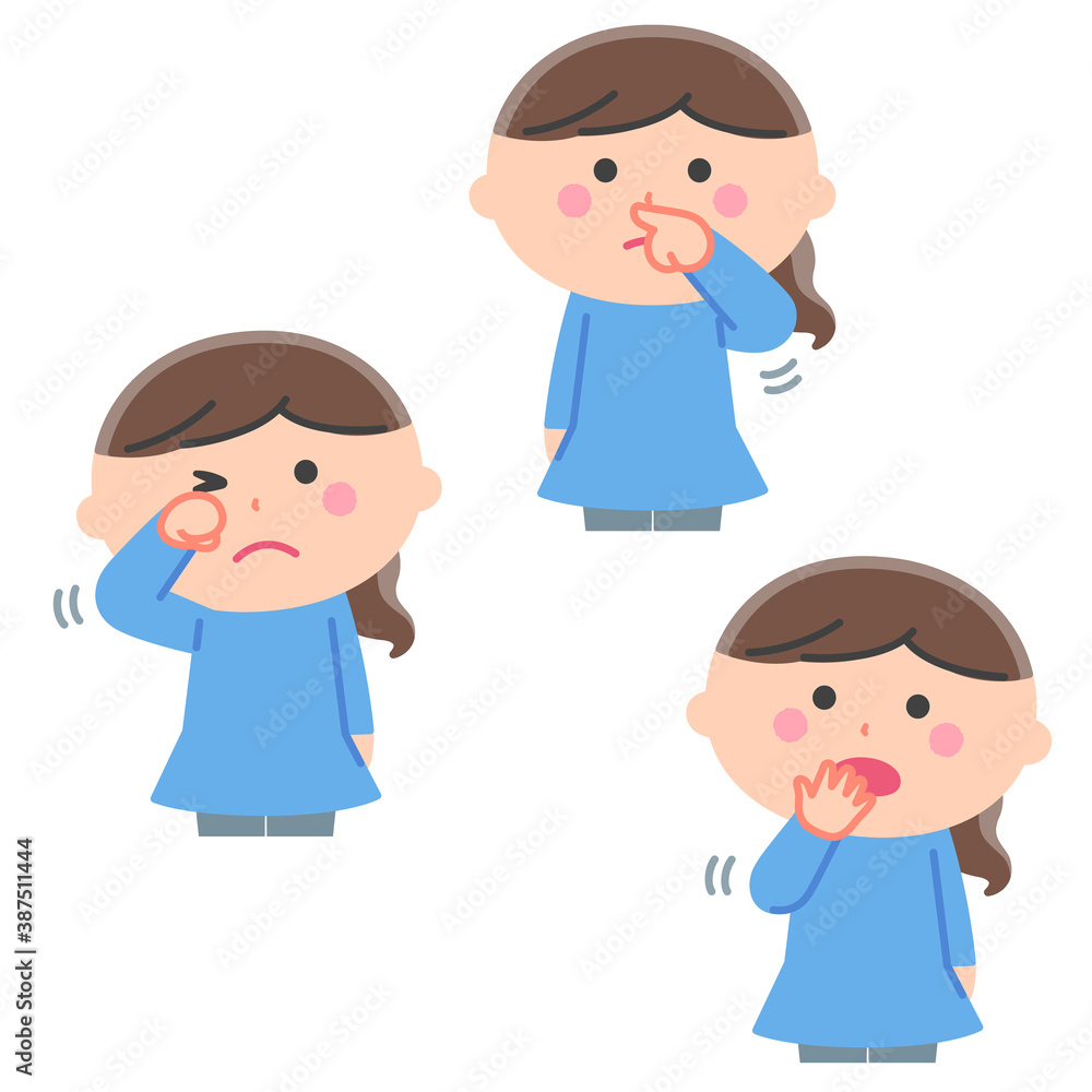 感染リスク／顔（目、鼻、口）を手で触る女の子／輪郭線なし
