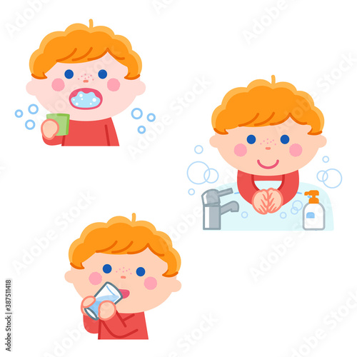 感染症予防／うがい、手洗い、水分補給をする男の子／輪郭線なし