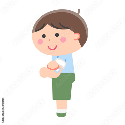 予防接種／注射のあと腕を押さえる男の子／輪郭線なし