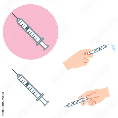 予防接種／注射器と注射する手 セット／輪郭線なし