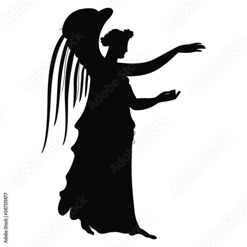 Winged ancient Greek goddess. Nike or Hebe. Silhouette of antique angel.