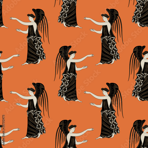 Seamless vintage pattern with ancient Greek winged goddesses. Nike or Hebe. Antique angels. Vase painting style.