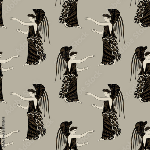 Seamless monochrome pattern with ancient Greek winged goddesses. Nike or Hebe. Antique angels. Vase painting style.

