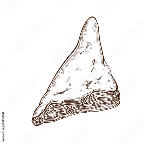 one fresh puff bun sketch isolated on white. puff pastry filled with cheese, meat or jam. Triangle pie, burekas, khachapuri or samosa hand drawn illustration. pastry icon. Traditional cuisine.
