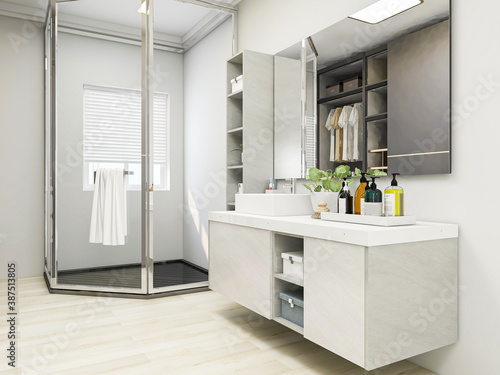 Clean and tidy bathroom  there are washing table  toilet  bathtub and other equipment