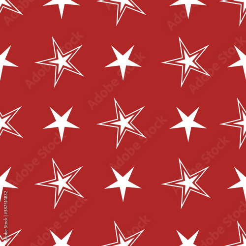 Vector Red Christmas Star seamless pattern background. Red solid background with white stars in a geometric pattern. Good for Christmas decor  packaging  gift wrap  paper  stationery and other uses.