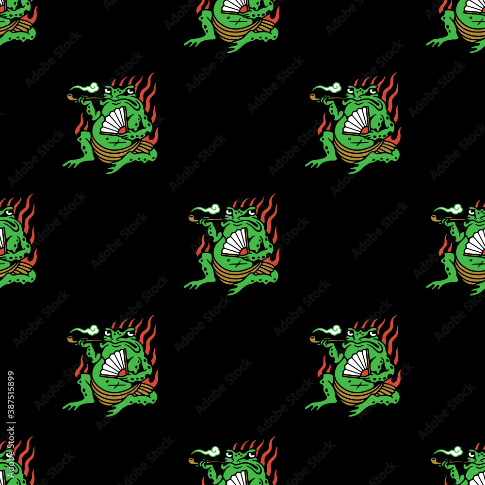 Obraz premium SMOKING TOAD WITH FAN SEAMLESS PATTERN COLOR BLACK BACKGROUND