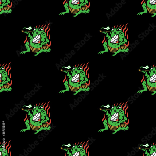 SMOKING TOAD WITH FAN SEAMLESS PATTERN COLOR BLACK BACKGROUND