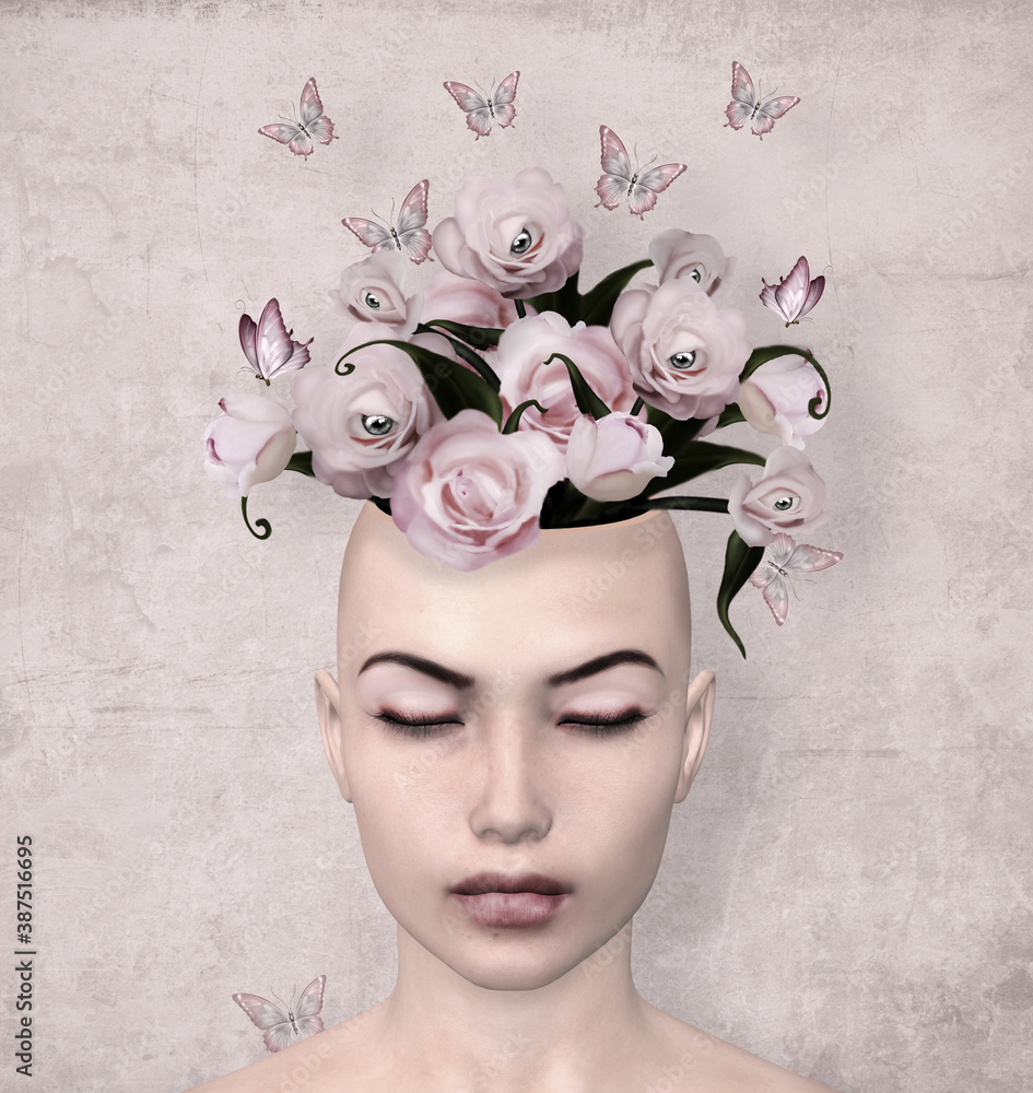 Vintage portrait of a woman with pink surreal roses on her head