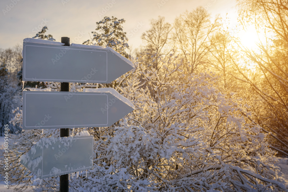 Naklejka premium Empty white track pointers, guidepost in sunlight against winter nature background. Directional arrow signs on wooden pole in snowy forest.
