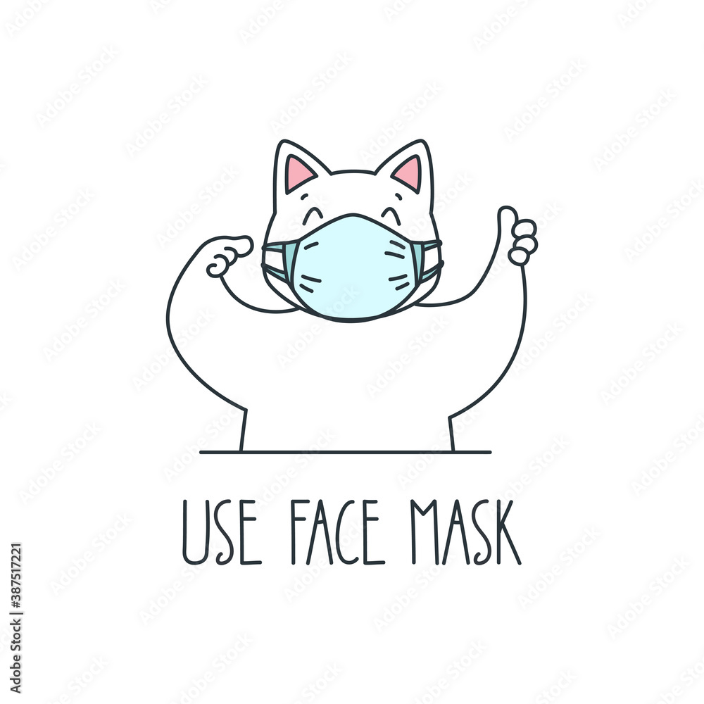 Use Face Mask. Illustration of a cute cat wearing face mask isolated on a white background. Vector 8 EPS.
