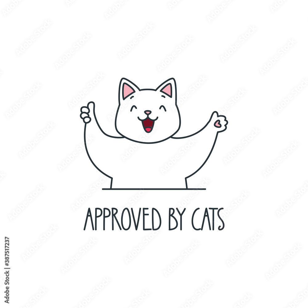 Approved by cats. Illustration of a funny cat showing a thumb up up isolated on a white background. Vector 8 EPS.