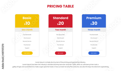 Modern pricing comparison table with three subscription plans and place for description. Flat pricing table design template for or websites and applications.