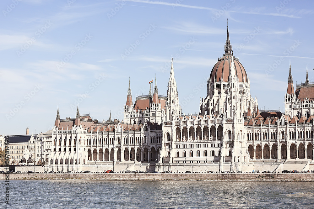 Budapest parliament landscape, tourist view of the capital of hungary in europe, architecture landscape