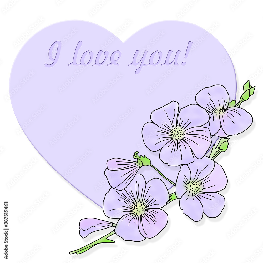 An illustration with a Purple heart, flowers and an inscription about love. Printed material, greeting card for lovers.