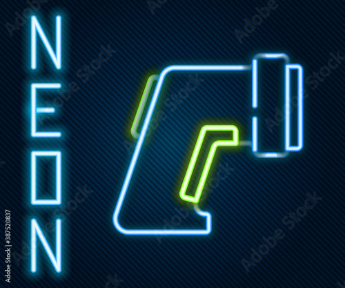 Glowing neon line Digital contactless thermometer with infrared light icon isolated on black background. Colorful outline concept. Vector.
