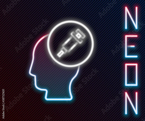 Glowing neon line Addiction to the drug icon isolated on black background. Heroin, narcotic, addiction, illegal. Sick junkie with a syringe and medical pills. Colorful outline concept. Vector.