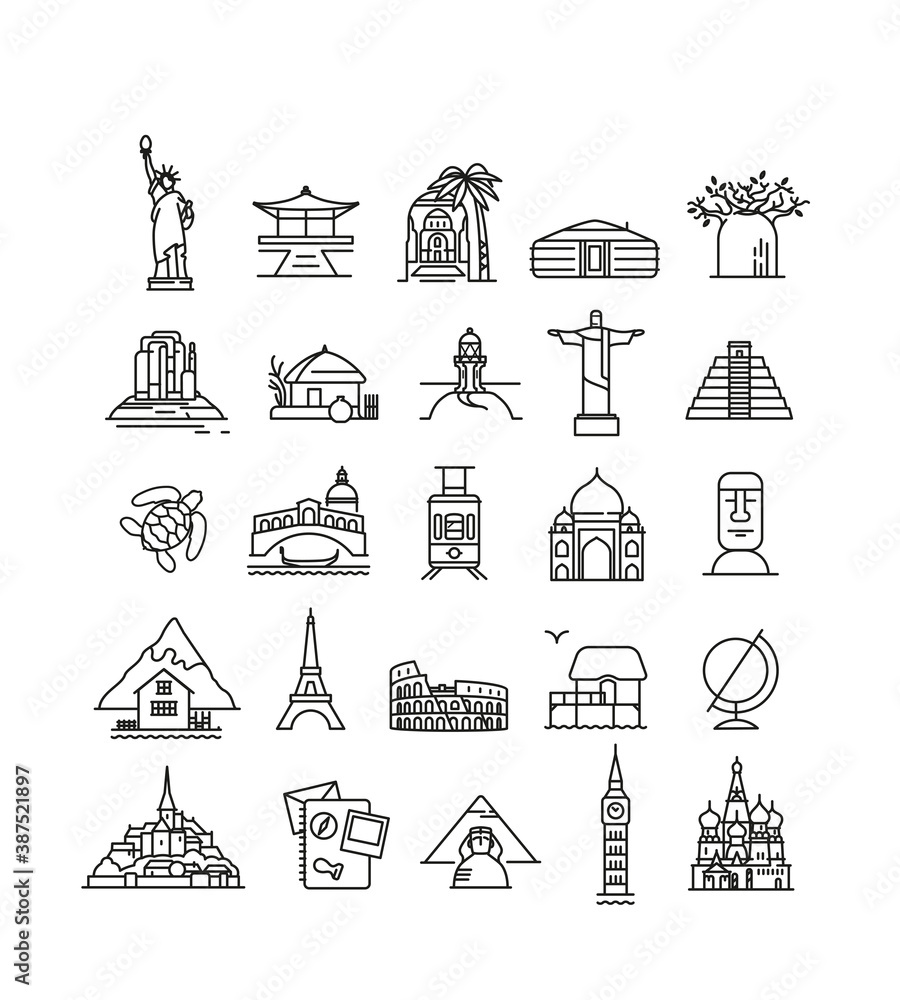Fototapeta premium Travel and tourism locations. Continent, country, city, symbol Asia, Africa, Australia, Europe, America
