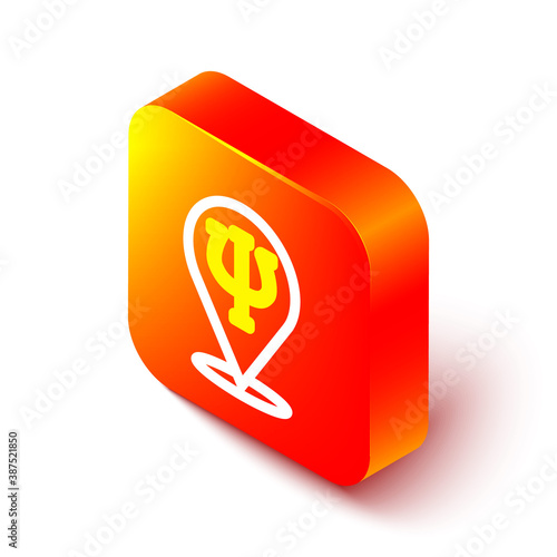 Isometric line Psychology icon isolated on white background. Psi symbol. Mental health concept, psychoanalysis analysis and psychotherapy. Orange square button. Vector.