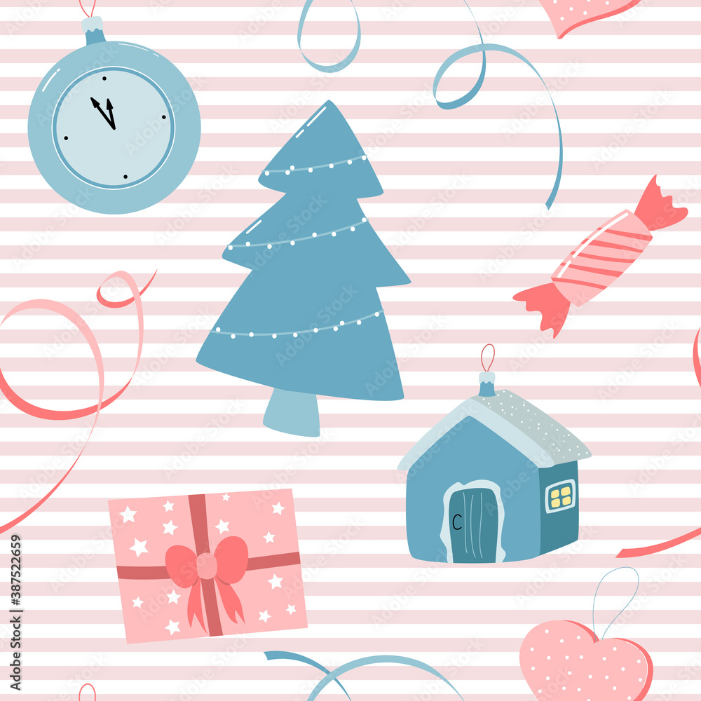 seamless pattern with Christmas decorations, vector color illustration.