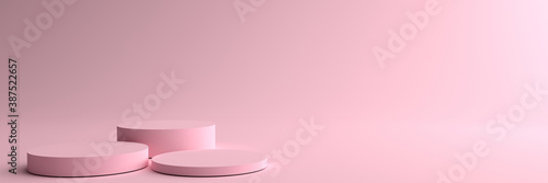 3D rendering of Round pink Pedestal, Podium for display product on the pink floor. Pedestal can be used for commercial advertising, Isolated on pink background, Product Presentation, illustration.