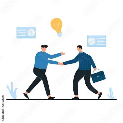 Illustration vector Partnership agreement concept with businessman shaking hands. Agreement of parties. Signing documents. The investor holds money in ideas. Business team. © Muhammaddsy